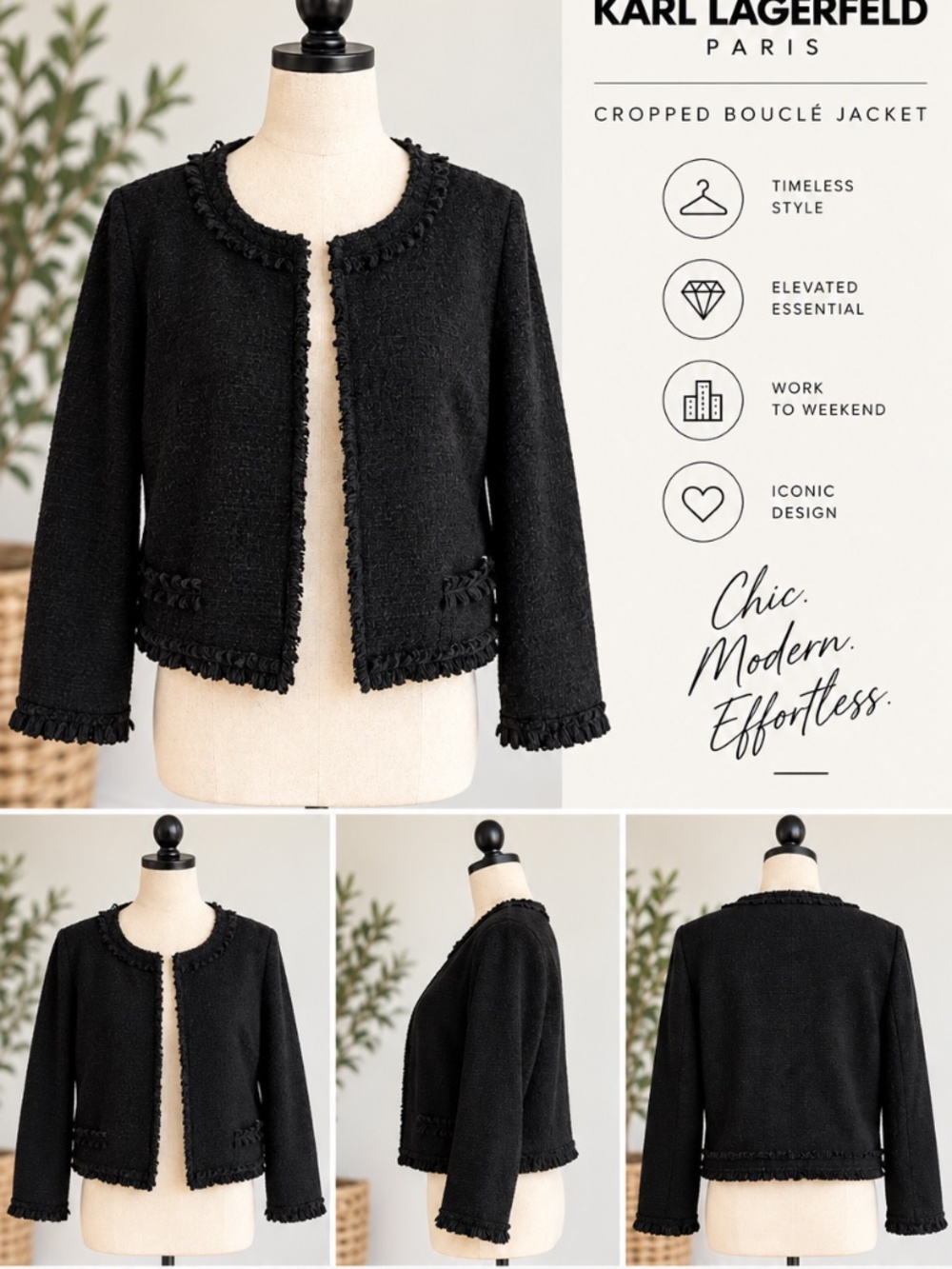 Karl Lagerfeld Paris Black Bouclé Cropped Jacket Size L
